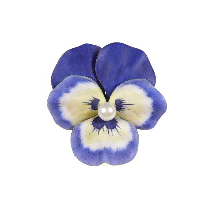 A.J. Hedges - Antique blue enamelled gold pansy brooch with pearl centre | MasterArt